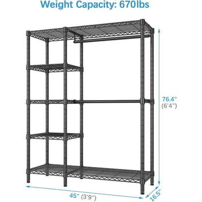 Heavy Duty 5 Tier Metal Clothing Rack with Shelves and Wheels for Hanging Clothes in Bedroom Closet, V7 Basic Portable Wardrobe