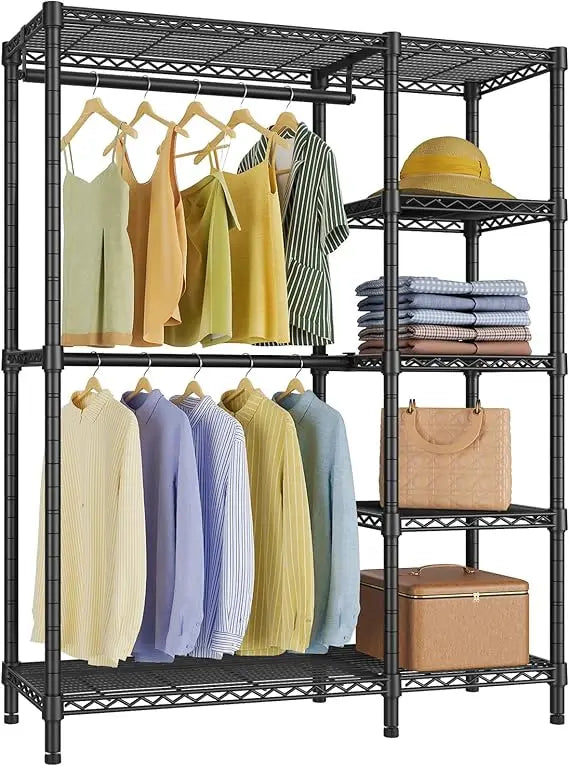 Heavy Duty 5 Tier Metal Clothing Rack with Shelves and Wheels for Hanging Clothes in Bedroom Closet, V7 Basic Portable Wardrobe