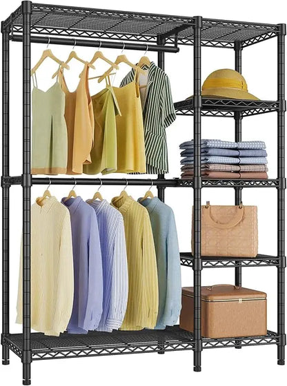 Heavy Duty 5 Tier Metal Clothing Rack with Shelves and Wheels for Hanging Clothes in Bedroom Closet, V7 Basic Portable Wardrobe