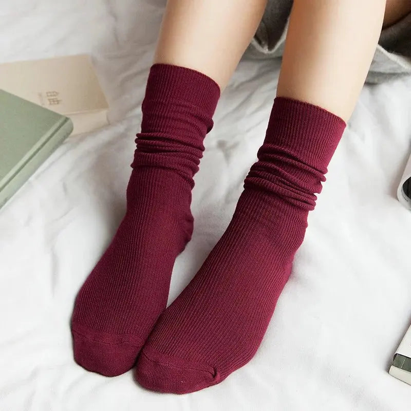 CHAOZHU  Japanese Korean High School Girls High Socks Loose Solid Colors Double Needles Knitting Cotton Long Socks For Women
