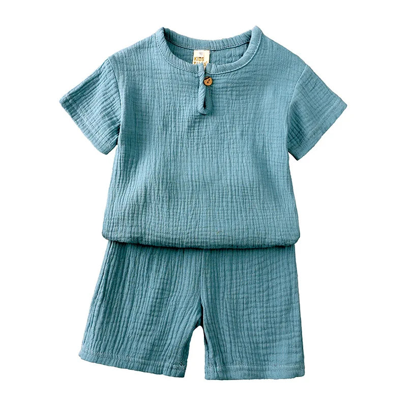 0-6Y Boys Girls Muslin Clothing Sets Summer Solid Cotton Linen T-shirts+Shorts 2Pcs Outfit Kids Clothes Casual Sets for Children
