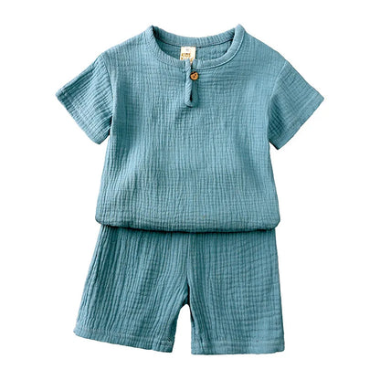0-6Y Boys Girls Muslin Clothing Sets Summer Solid Cotton Linen T-shirts+Shorts 2Pcs Outfit Kids Clothes Casual Sets for Children