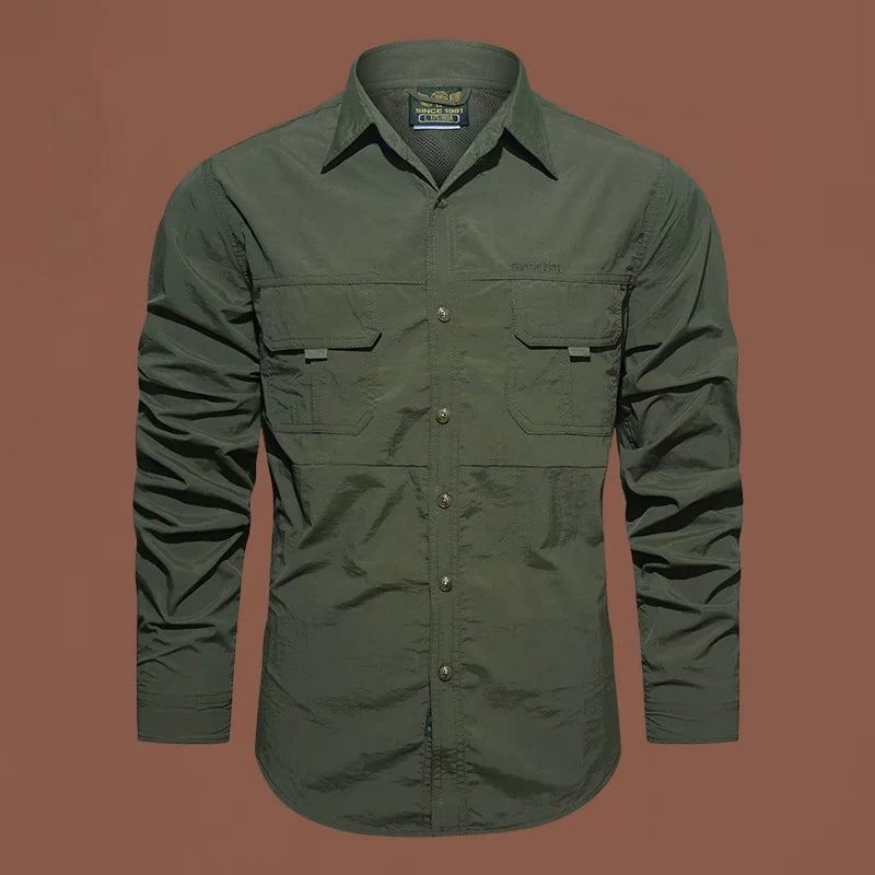 Pocket Shirt for Men Solid Color Slim Casual Men Shirts Long Movement Running Sleeve Men's Hunting  Fishing Shirt
