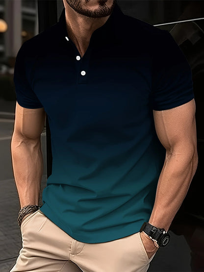Men's Fashion Gradient Color Polo Shirt Lapel Golf Shirt Short Sleeve Printed Button Clothing Fashion Design Casual Breathable