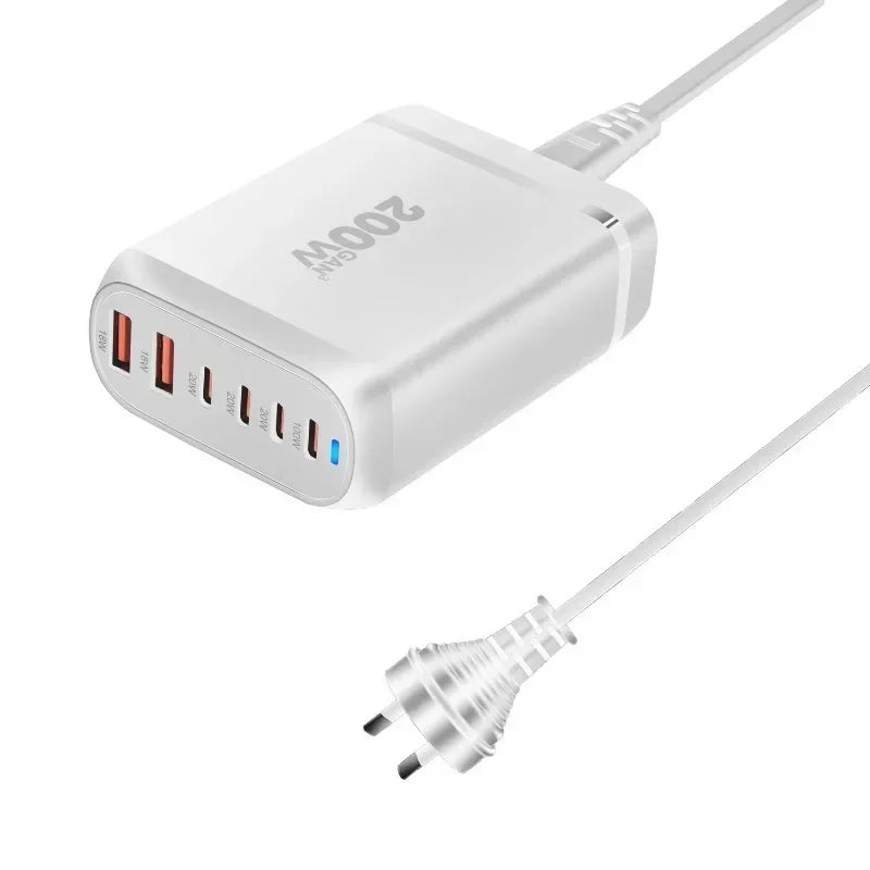 200W GaN Charger, 6-Port Desktop Fast Charging Station, 100W USB C Laptop Charger for MacBook Pro iPhone 15/14/13