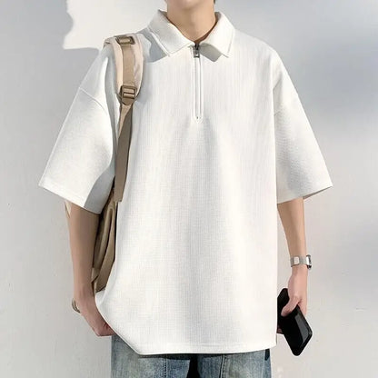 M-XXXXXL Plus Size Waffle-Knit Half-Zip Polo Tees for Men 2025 Breathable Streetwear Essential Top Tshirt with Collar 5XL 4XL