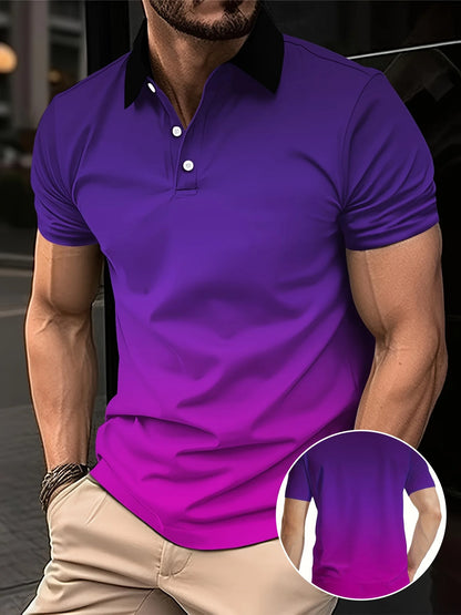 Men's Fashion Gradient Color Polo Shirt Lapel Golf Shirt Short Sleeve Printed Button Clothing Fashion Design Casual Breathable