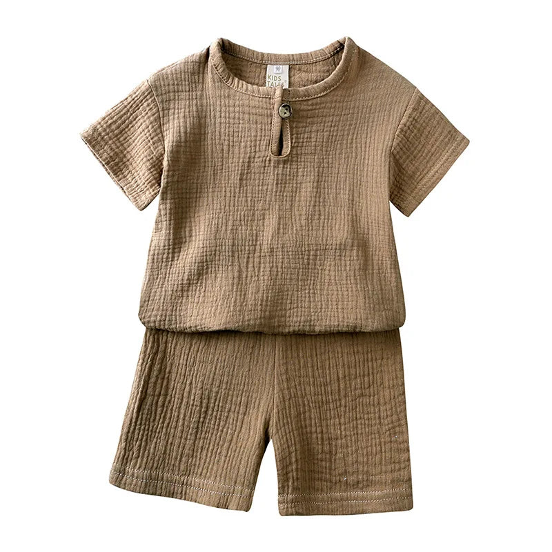 0-6Y Boys Girls Muslin Clothing Sets Summer Solid Cotton Linen T-shirts+Shorts 2Pcs Outfit Kids Clothes Casual Sets for Children