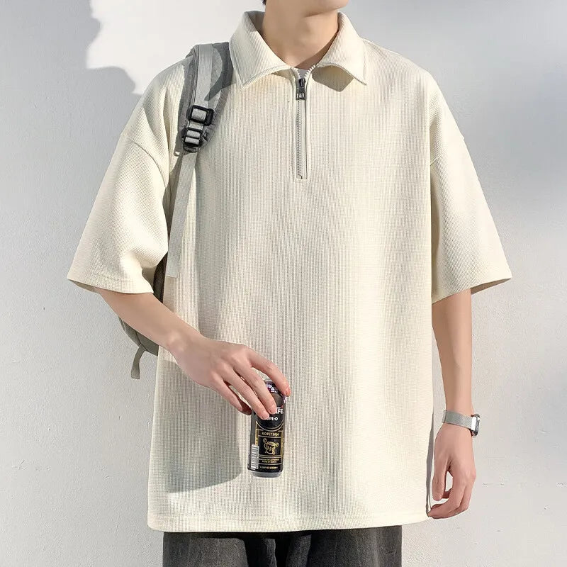 M-XXXXXL Plus Size Waffle-Knit Half-Zip Polo Tees for Men 2025 Breathable Streetwear Essential Top Tshirt with Collar 5XL 4XL