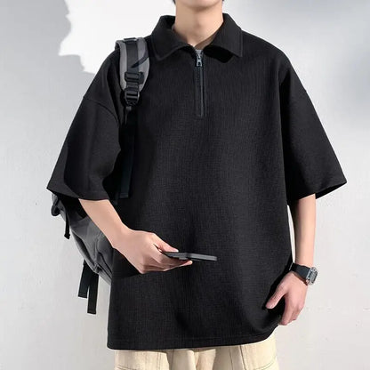 M-XXXXXL Plus Size Waffle-Knit Half-Zip Polo Tees for Men 2025 Breathable Streetwear Essential Top Tshirt with Collar 5XL 4XL
