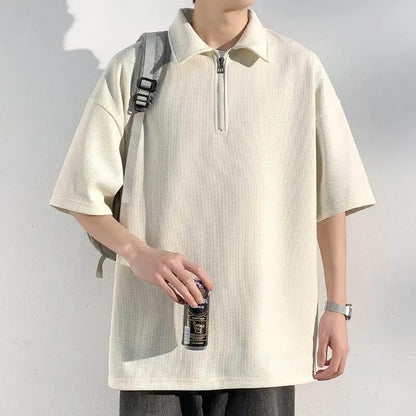 M-XXXXXL Plus Size Waffle-Knit Half-Zip Polo Tees for Men 2025 Breathable Streetwear Essential Top Tshirt with Collar 5XL 4XL
