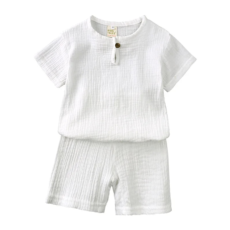 0-6Y Boys Girls Muslin Clothing Sets Summer Solid Cotton Linen T-shirts+Shorts 2Pcs Outfit Kids Clothes Casual Sets for Children