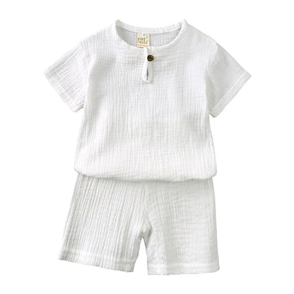 0-6Y Boys Girls Muslin Clothing Sets Summer Solid Cotton Linen T-shirts+Shorts 2Pcs Outfit Kids Clothes Casual Sets for Children