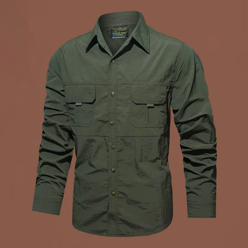 Pocket Shirt for Men Solid Color Slim Casual Men Shirts Long Movement Running Sleeve Men's Hunting  Fishing Shirt