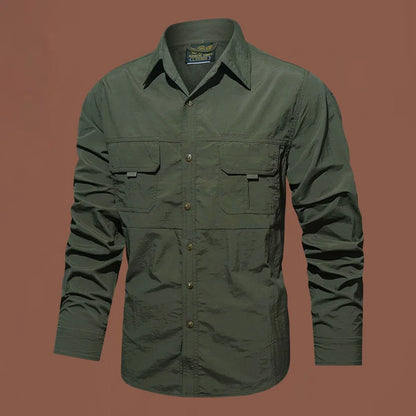 Pocket Shirt for Men Solid Color Slim Casual Men Shirts Long Movement Running Sleeve Men's Hunting  Fishing Shirt