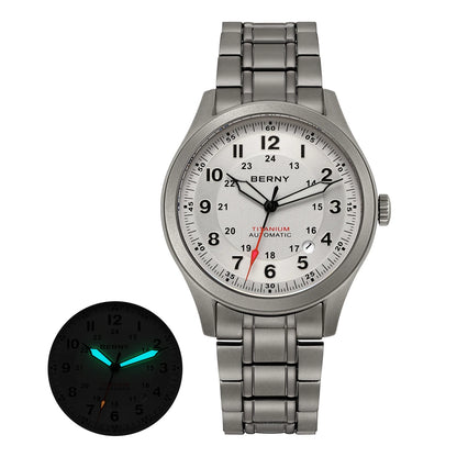 BERNY Automatic Full Titanium Watches for Men Sapphire Super Luminous Mechanical Field Pilot Watch Date 10ATM Sports Easy Read