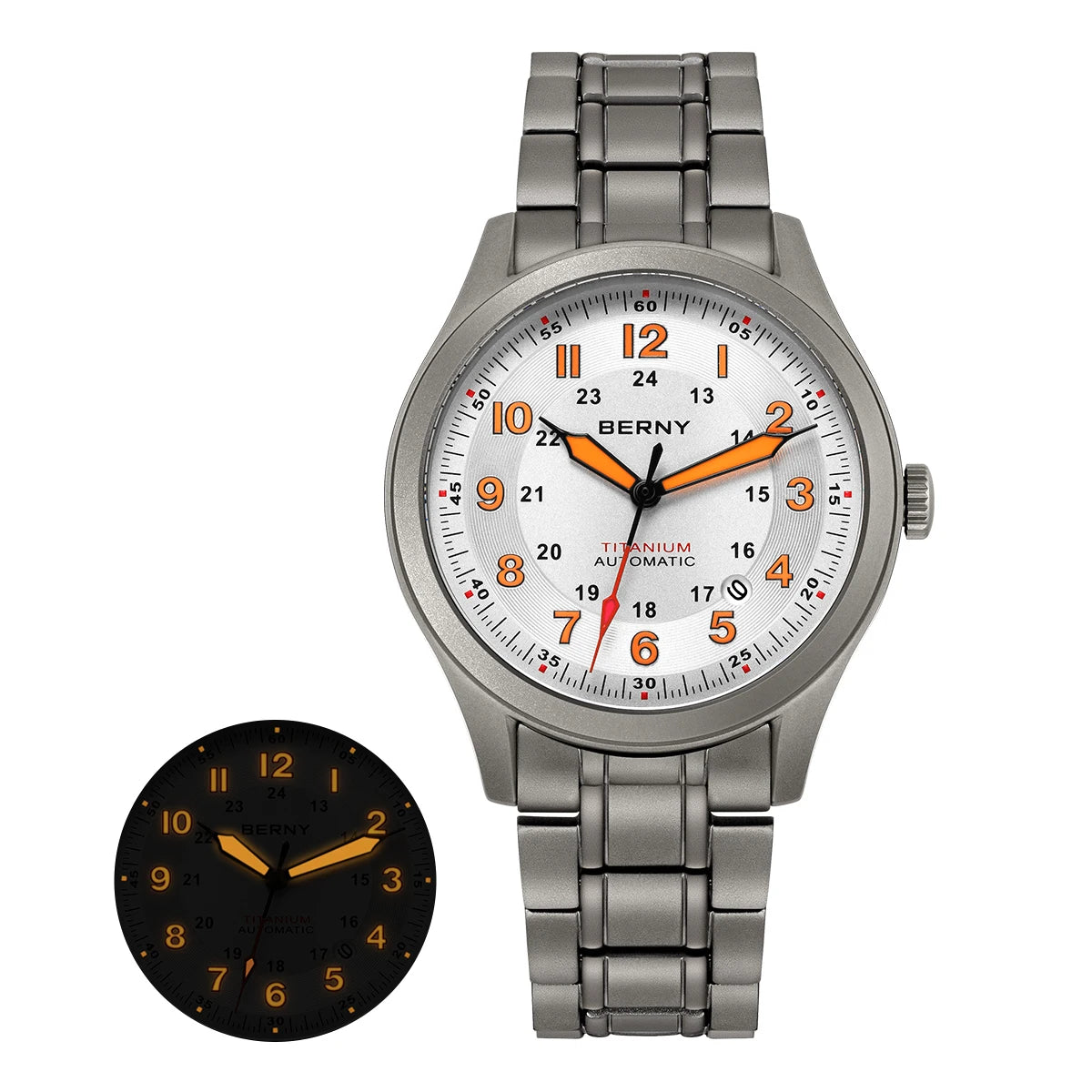 BERNY Automatic Full Titanium Watches for Men Sapphire Super Luminous Mechanical Field Pilot Watch Date 10ATM Sports Easy Read