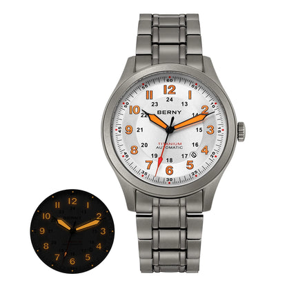 BERNY Automatic Full Titanium Watches for Men Sapphire Super Luminous Mechanical Field Pilot Watch Date 10ATM Sports Easy Read