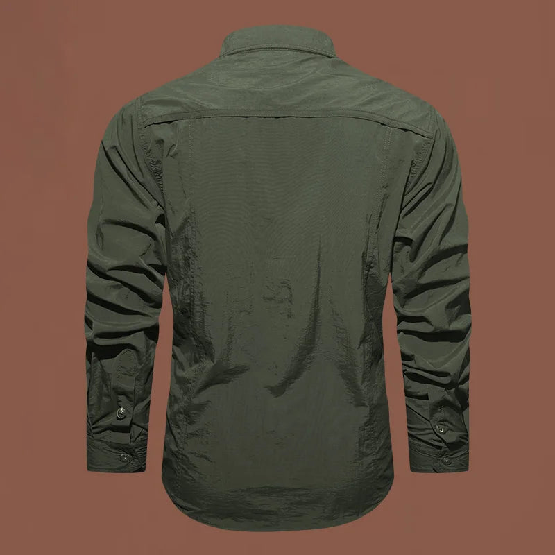 Pocket Shirt for Men Solid Color Slim Casual Men Shirts Long Movement Running Sleeve Men's Hunting  Fishing Shirt