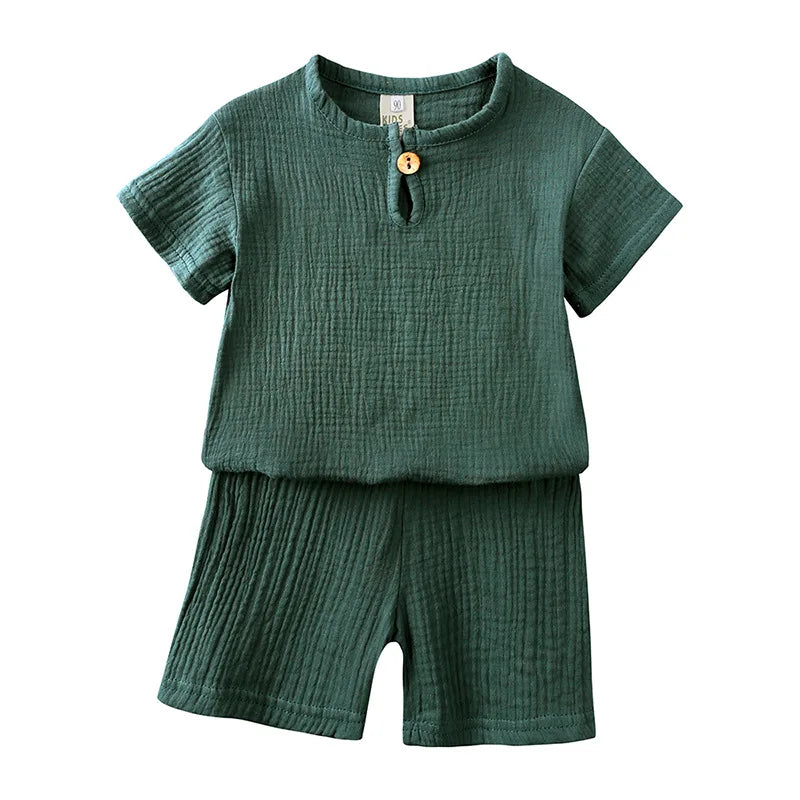 0-6Y Boys Girls Muslin Clothing Sets Summer Solid Cotton Linen T-shirts+Shorts 2Pcs Outfit Kids Clothes Casual Sets for Children