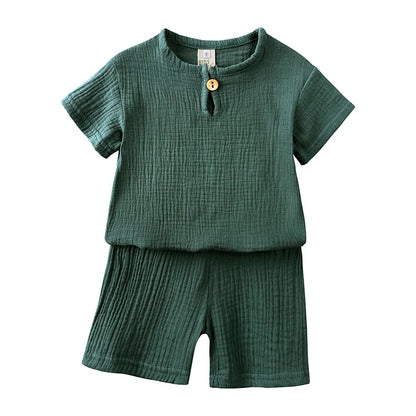 0-6Y Boys Girls Muslin Clothing Sets Summer Solid Cotton Linen T-shirts+Shorts 2Pcs Outfit Kids Clothes Casual Sets for Children