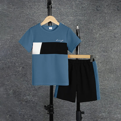 2pcs Boys Casual Colorblock Short Sleeve T-shirt & Shorts Set, Comfy Summer Kids Clothes