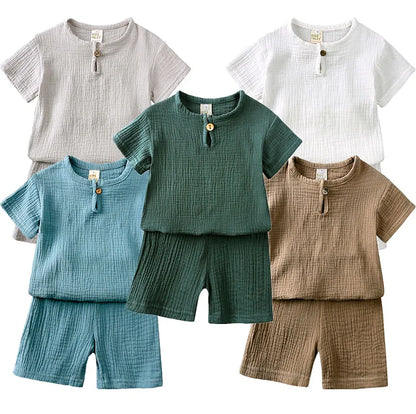 0-6Y Boys Girls Muslin Clothing Sets Summer Solid Cotton Linen T-shirts+Shorts 2Pcs Outfit Kids Clothes Casual Sets for Children