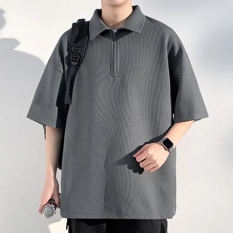 M-XXXXXL Plus Size Waffle-Knit Half-Zip Polo Tees for Men 2025 Breathable Streetwear Essential Top Tshirt with Collar 5XL 4XL