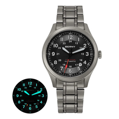 BERNY Automatic Full Titanium Watches for Men Sapphire Super Luminous Mechanical Field Pilot Watch Date 10ATM Sports Easy Read