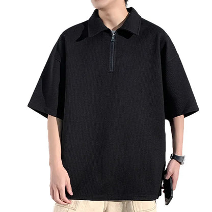 M-XXXXXL Plus Size Waffle-Knit Half-Zip Polo Tees for Men 2025 Breathable Streetwear Essential Top Tshirt with Collar 5XL 4XL