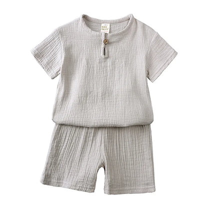 0-6Y Boys Girls Muslin Clothing Sets Summer Solid Cotton Linen T-shirts+Shorts 2Pcs Outfit Kids Clothes Casual Sets for Children