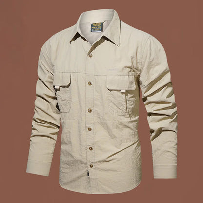 Pocket Shirt for Men Solid Color Slim Casual Men Shirts Long Movement Running Sleeve Men's Hunting  Fishing Shirt