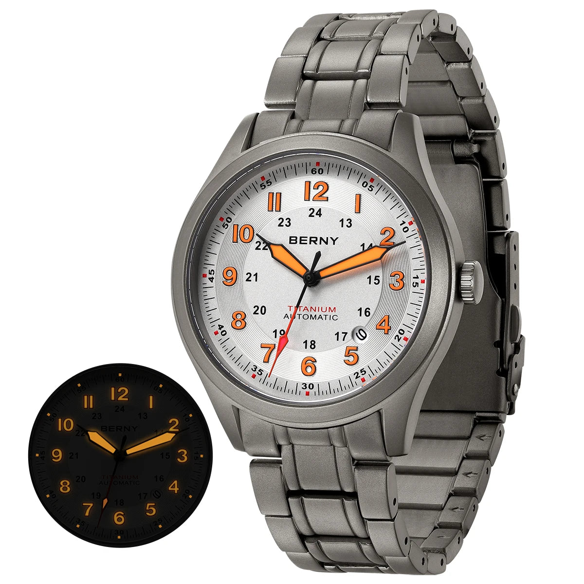 BERNY Automatic Full Titanium Watches for Men Sapphire Super Luminous Mechanical Field Pilot Watch Date 10ATM Sports Easy Read