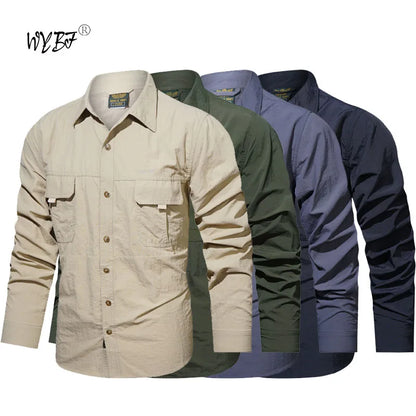 Pocket Shirt for Men Solid Color Slim Casual Men Shirts Long Movement Running Sleeve Men's Hunting  Fishing Shirt