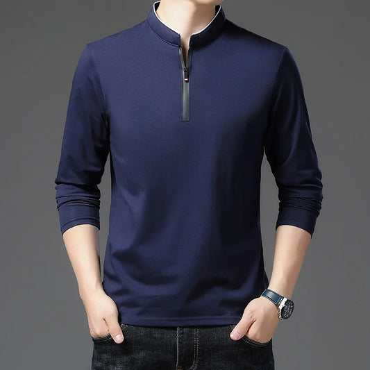 BROWON Brand T Shirts for Men Tops 2025 New Spring and Autumn Solid Color Stand Clothes Men Smart Casual Long Sleeve T Shirt Men