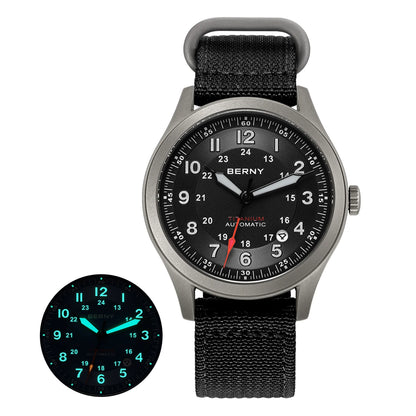 BERNY Automatic Full Titanium Watches for Men Sapphire Super Luminous Mechanical Field Pilot Watch Date 10ATM Sports Easy Read