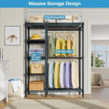 Heavy Duty 5 Tier Metal Clothing Rack with Shelves and Wheels for Hanging Clothes in Bedroom Closet, V7 Basic Portable Wardrobe