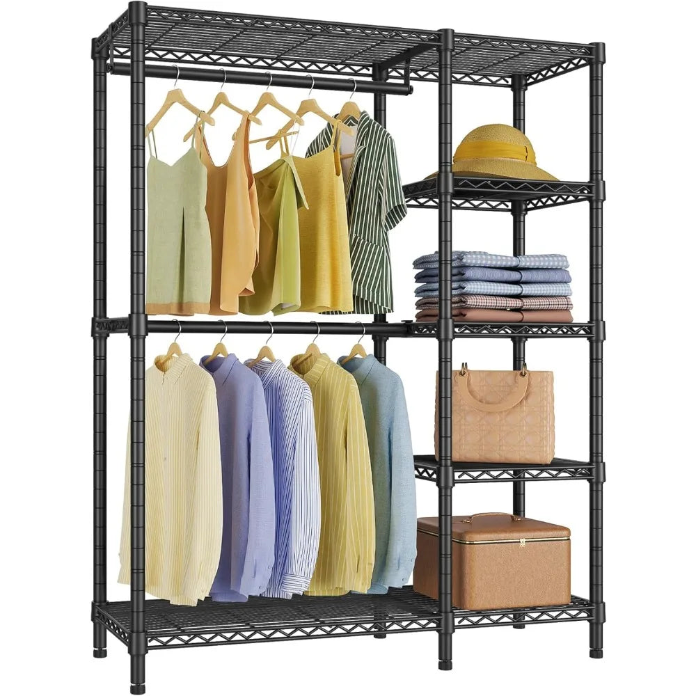 Heavy Duty 5 Tier Metal Clothing Rack with Shelves and Wheels for Hanging Clothes in Bedroom Closet, V7 Basic Portable Wardrobe