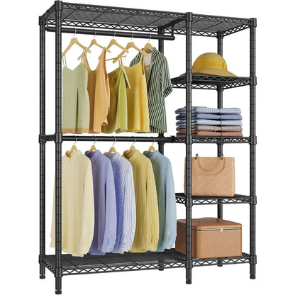 Heavy Duty 5 Tier Metal Clothing Rack with Shelves and Wheels for Hanging Clothes in Bedroom Closet, V7 Basic Portable Wardrobe