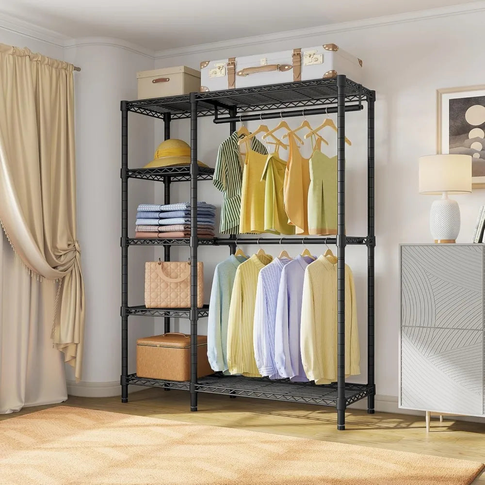 Heavy Duty 5 Tier Metal Clothing Rack with Shelves and Wheels for Hanging Clothes in Bedroom Closet, V7 Basic Portable Wardrobe