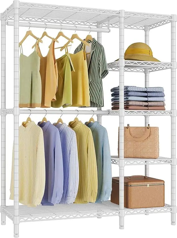 Heavy Duty 5 Tier Metal Clothing Rack with Shelves and Wheels for Hanging Clothes in Bedroom Closet, V7 Basic Portable Wardrobe